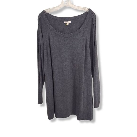 Lauren‎ Conrad Gray Sweater Tunic Braided LS Ribbed Cuffs Hem Wide Scoop Neck 1X - Picture 1 of 10